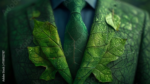 Businessman suit wears a tie made of green leaves,  environmental consciousness sustainability Ideal for eco-conscious and sustainable business themes environment ,analysis, investment, green business