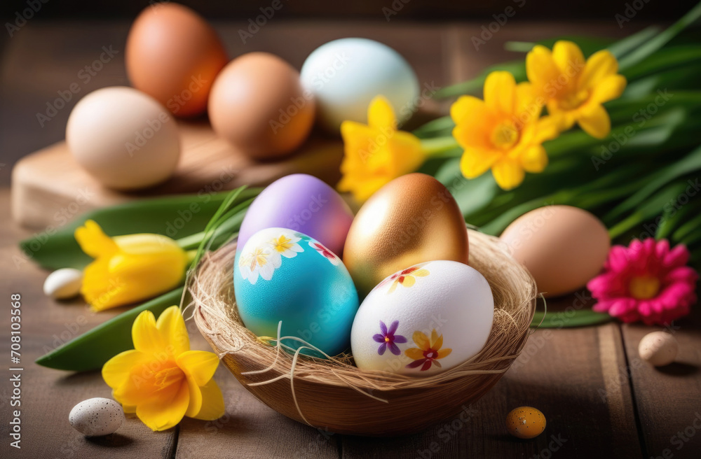 Easter, a basket with colored eggs, a nest, traditional treats and dishes, spring flowers