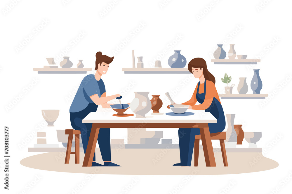 Couple Attending a Pottery Class in a Local Workshop isolated vector style illustration