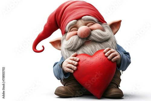 Cute gnome hugging a big heart isolated on white background. Generative ai