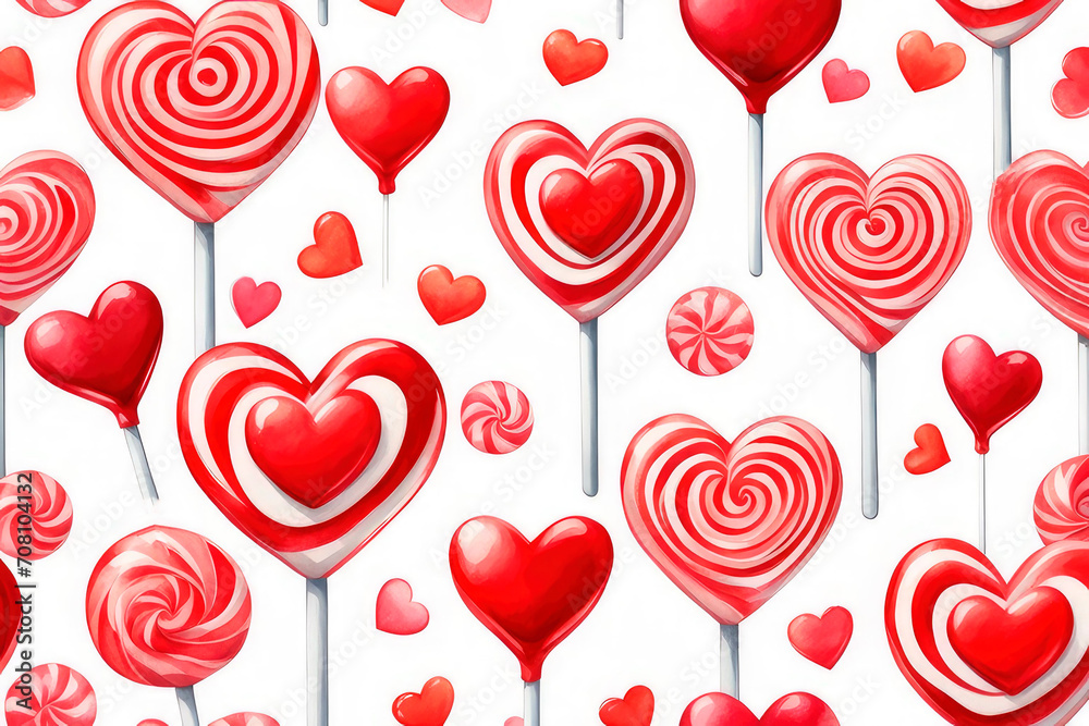 Watercolor valentine Heart Candy red and white swirl lollipop on white background.