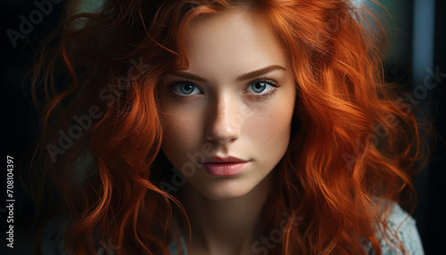 A beautiful redhead woman with long curly hair smiling sensually generated by AI