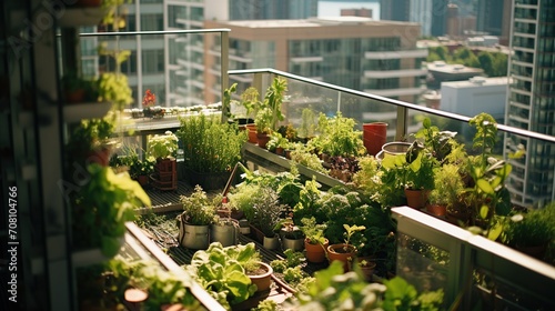 A small, lush balcony garden with a variety of plants and pots, providing a natural retreat above a modern city.