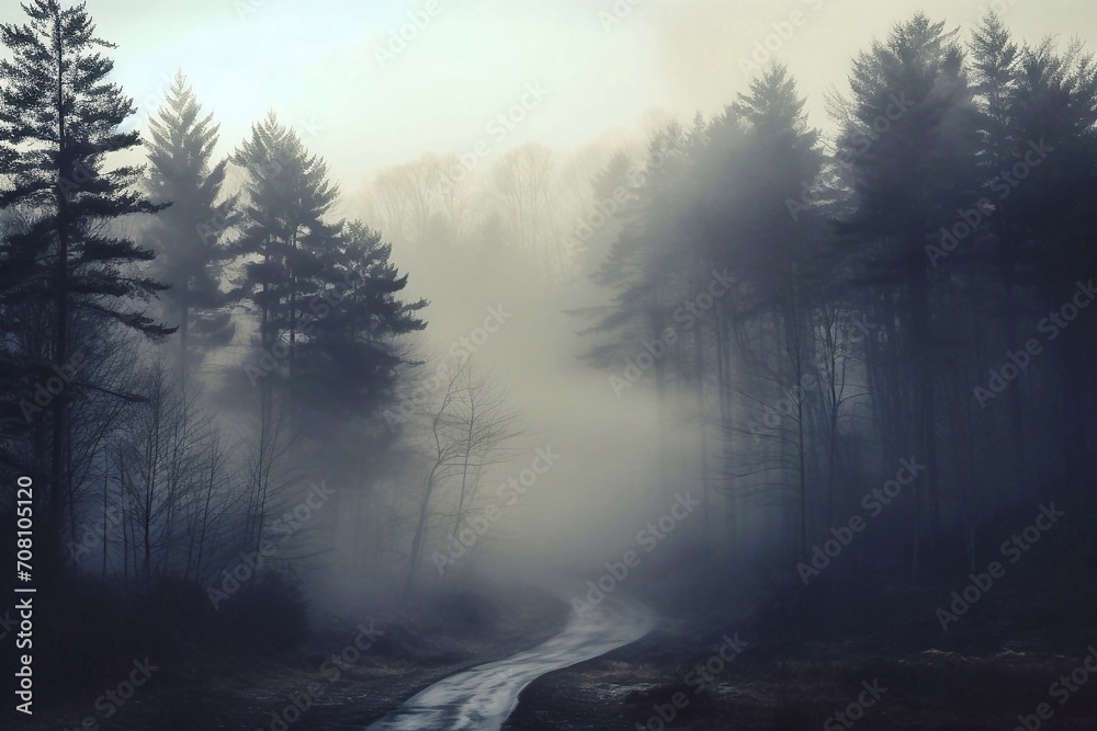 Foggy morning in the forest with a path in the foreground Foggy morning in the forest with a path in the foreground