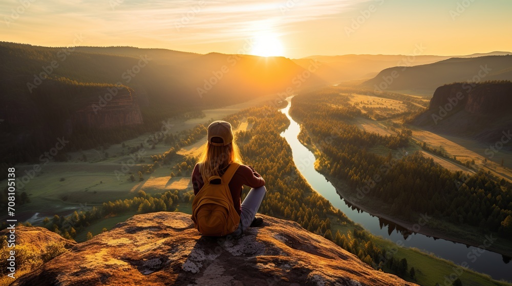 Back view of a woman sitting on a rock, watching the sunrise over a peaceful valley and river.