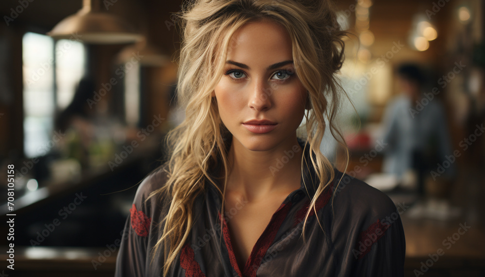 Beautiful young woman with blond hair looking confidently at camera generated by AI