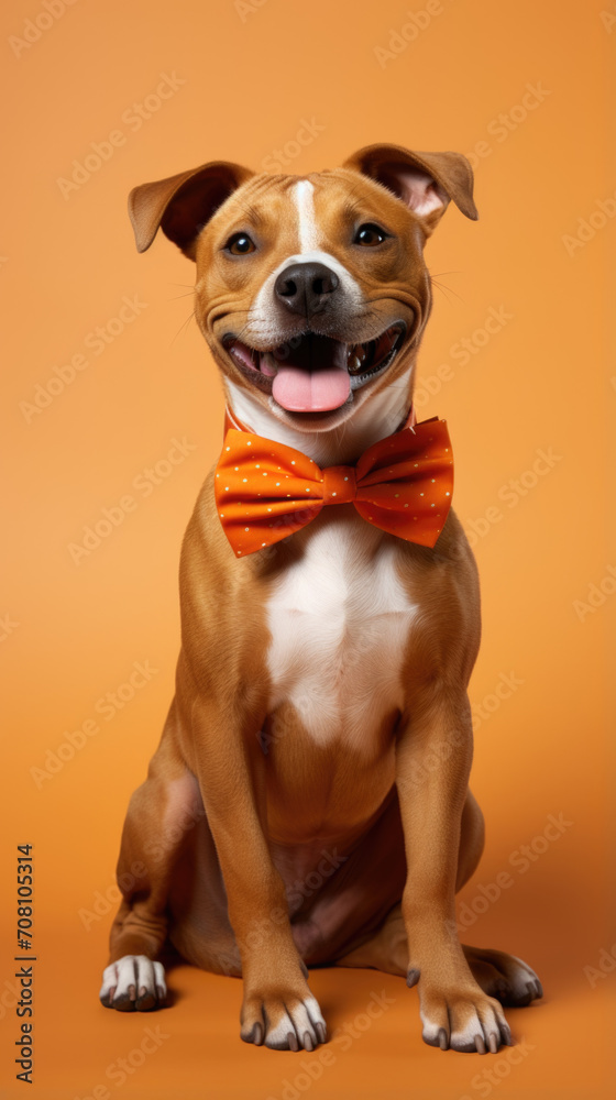 Smiling Brown Dog with Orange Bow Tie Against Orange Background