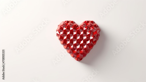 Geometric patterned red heart shape centered on a clean white background with ample copy space.