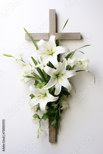 cross with lilies isolated on white background