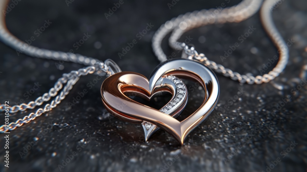 User two hearts entwined together, a platinum, a rose gold. Valentines day.close up User two hearts entwined together, a platinum, a rose gold. Valentines day.close up