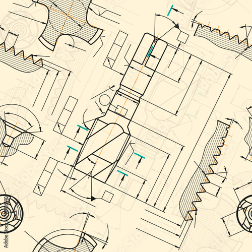 Mechanical engineering drawings on sepia background. Tap tools, borer. Technical Design. Cover. Blueprint. Seamless pattern. Vector illustration.