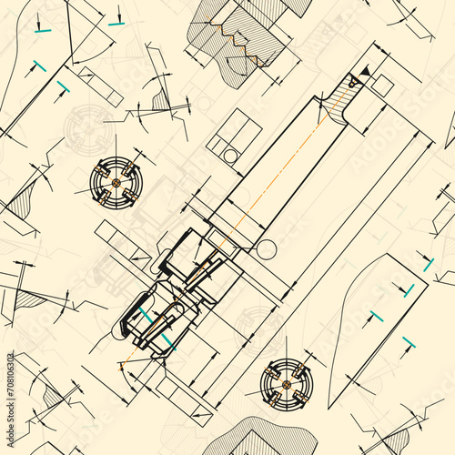 Mechanical engineering drawings on sepia background. Tap tools, borer. Technical Design. Cover. Blueprint. Seamless pattern. Vector illustration.