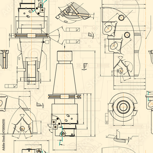 Mechanical engineering drawings on sepia background. Tap tools, borer. Technical Design. Cover. Blueprint. Seamless pattern. Vector illustration.