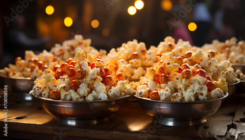 Fresh popcorn, candy, and drinks for a movie night indoors generated by AI
