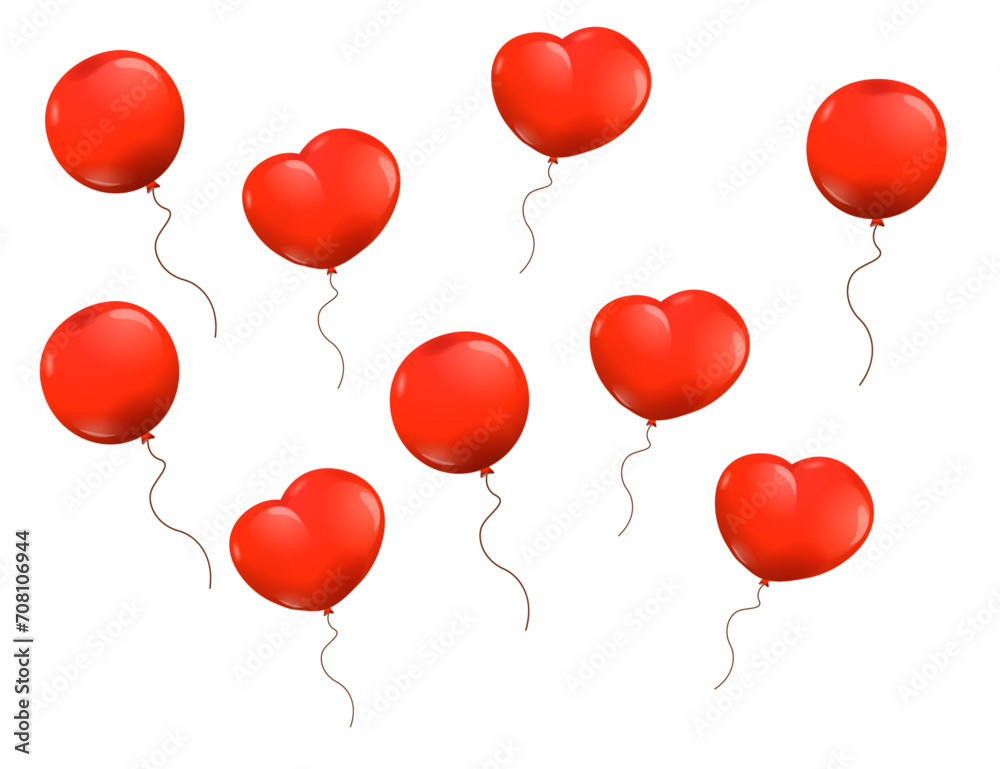 Balloons in cartoon flat style. Set of multi-colored heart-shaped and round balloons. Bright balloons. Vector illustration on a white background. Children's illustration of balloons.