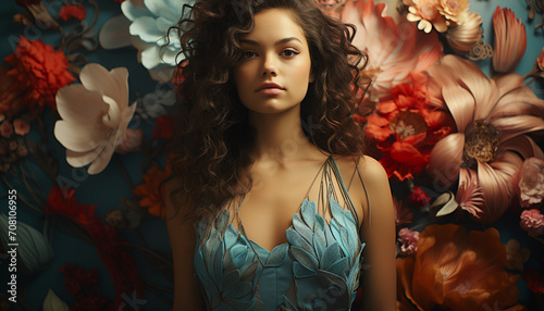 Beautiful woman with curly brown hair, standing outdoors, looking elegant generated by AI