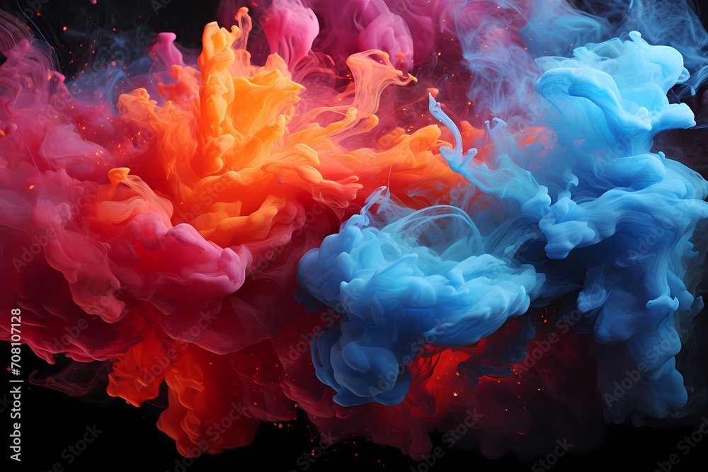 Intense crimson and azure liquids colliding in a burst of explosive energy, forming a mesmerizing abstract display captured by an HD camera