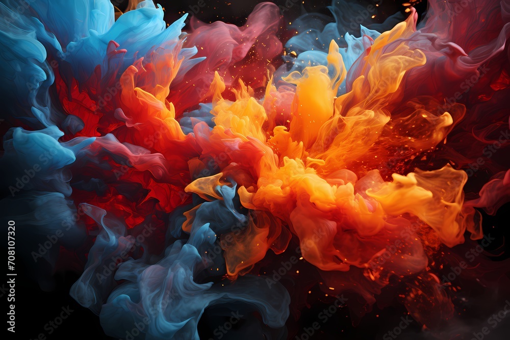 Intense crimson and azure liquids colliding in a burst of explosive energy, forming a mesmerizing abstract display captured by an HD camerar
