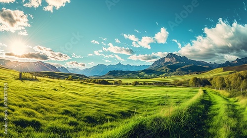 A wide-angle panorama of a sprawling green landscape, the grassy fields meeting the clear blue sky at the horizon, with majestic mountains, landscape with mountains