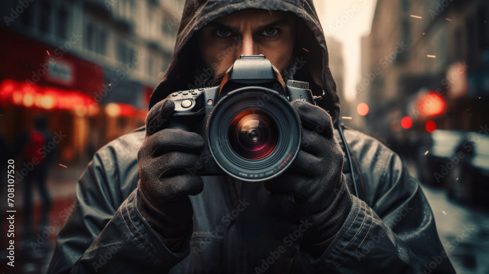 A photographer holds a camera, with a close-up of the lens aimed at the subject of the shot, generative AI A photographer holds a camera, with a close-up of the lens aimed at the subject of the shot, generative AI