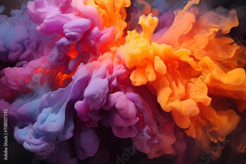 Intense magenta and fiery orange liquids collide, creating a vivid and dynamic abstract composition that ignites the senses with its explosive energy. photo