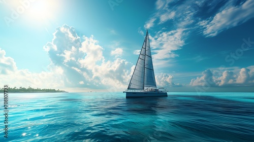 An elegant sailboat cruising through shimmering turquoise waters, under a bright blue sky with fluffy clouds, and a tropical island paradise visible in the distance.