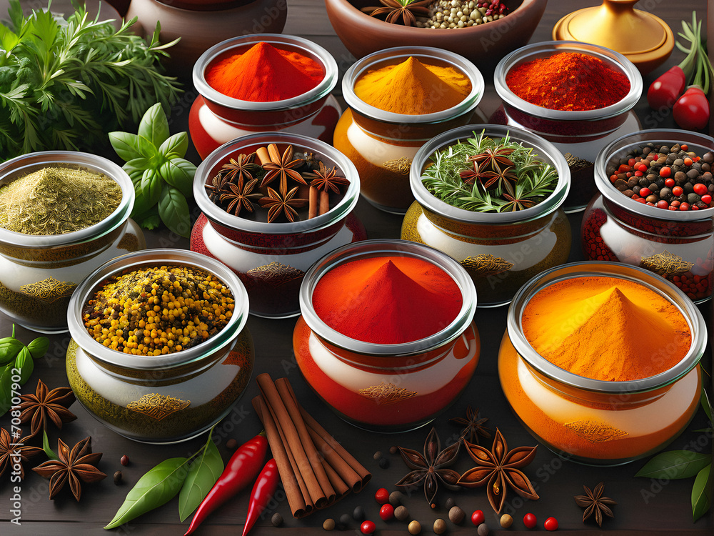 Eid's Gastronomic Splendor: Unveiling a Tapestry of Flavor with Curved Jars and Cultural Treasures on the Festive Table. variety of herbs, spices. generative A Eid's Gastronomic Splendor: Unveiling a Tapestry of Flavor with Curved Jars and Cultural Treasures on the Festive Table. variety of herbs, spices. generative A
