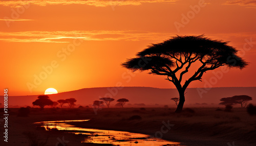Sunset over African savannah, nature beauty in silhouette generated by AI