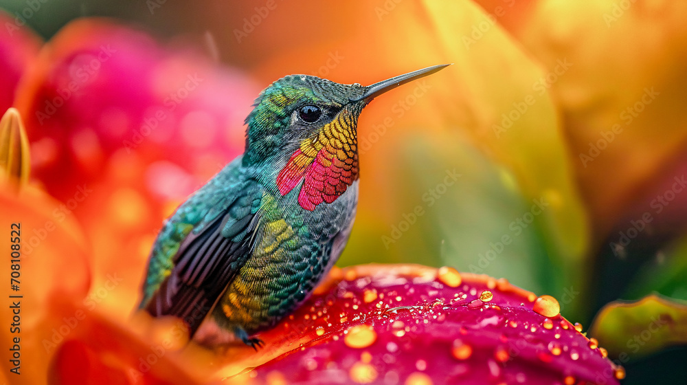Fototapeta premium Hummingbird on a Flower Nectar Nature Wallpaper Background Poster Illustration Digital Art Cover Card