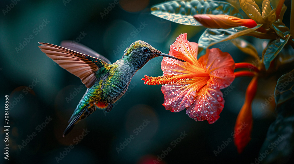 Fototapeta premium Hummingbird on a Flower Nectar Nature Wallpaper Background Poster Illustration Digital Art Cover Card