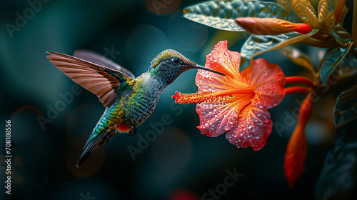 Hummingbird on a Flower Nectar Nature Wallpaper Background Poster Illustration Digital Art Cover Card © Korea Saii