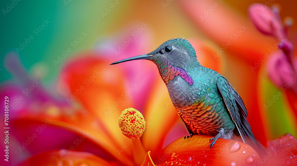 Fototapeta premium Hummingbird on a Flower Nectar Nature Wallpaper Background Poster Illustration Digital Art Cover Card