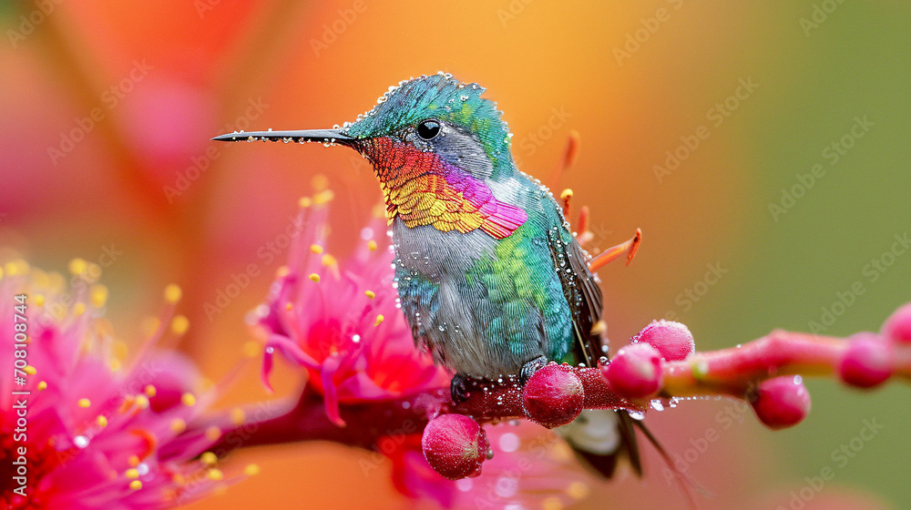 Fototapeta premium Hummingbird on a Flower Nectar Nature Wallpaper Background Poster Illustration Digital Art Cover Card