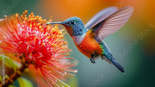Hummingbird on a Flower Nectar Nature Wallpaper Background Poster Illustration Digital Art Cover Card