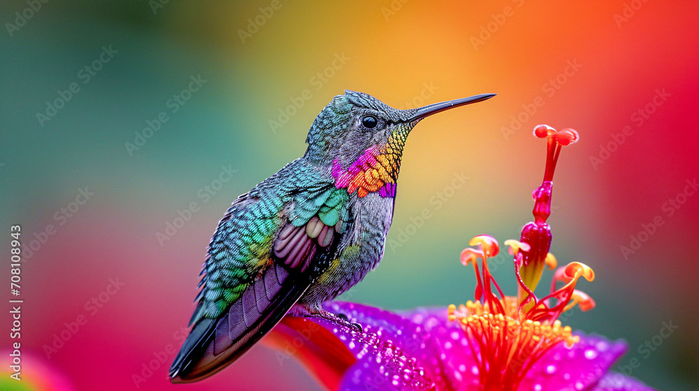 Fototapeta premium Hummingbird on a Flower Nectar Nature Wallpaper Background Poster Illustration Digital Art Cover Card