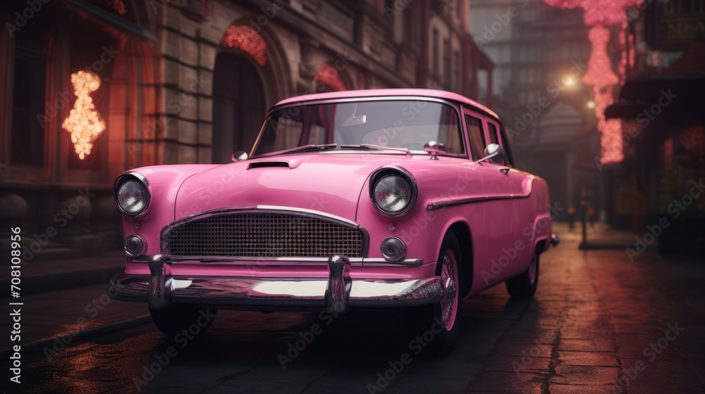 Fototapeta premium A pink retro car on the streets of New York, generative AI