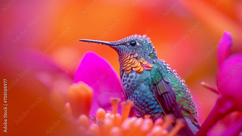 Fototapeta premium Hummingbird on a Flower Nectar Nature Wallpaper Background Poster Illustration Digital Art Cover Card