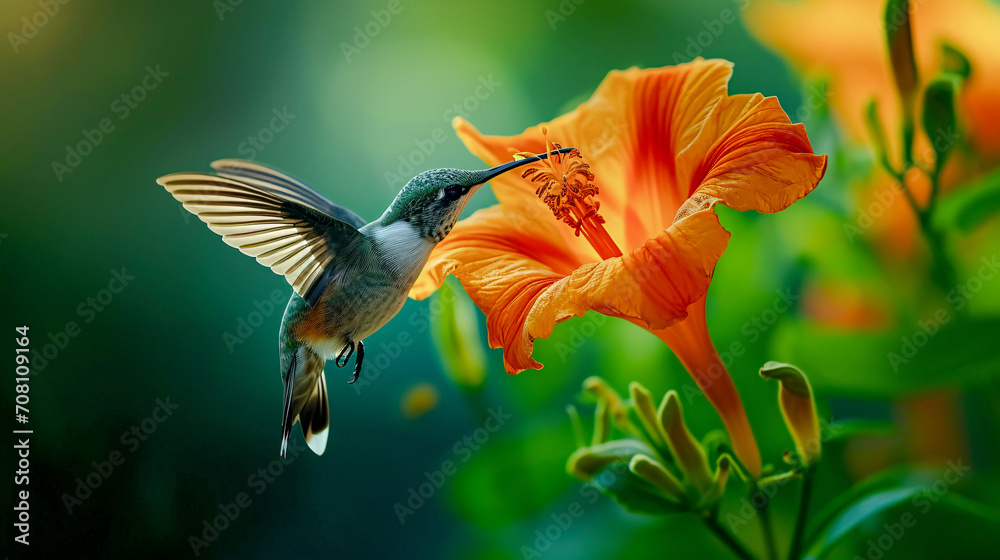 Fototapeta premium Hummingbird on a Flower Nectar Nature Wallpaper Background Poster Illustration Digital Art Cover Card