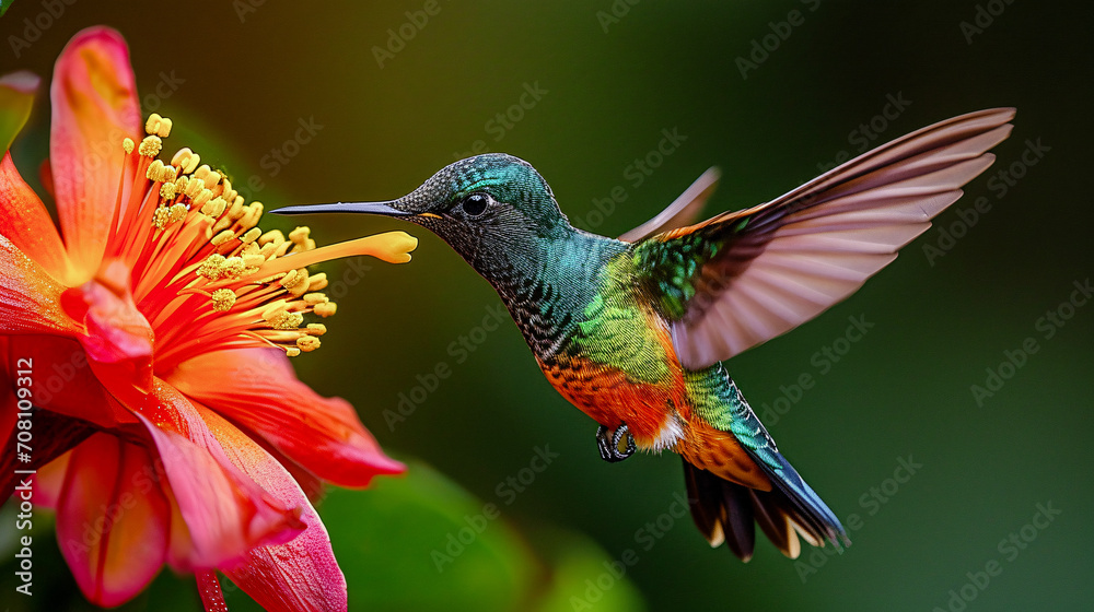 Fototapeta premium Hummingbird on a Flower Nectar Nature Wallpaper Background Poster Illustration Digital Art Cover Card