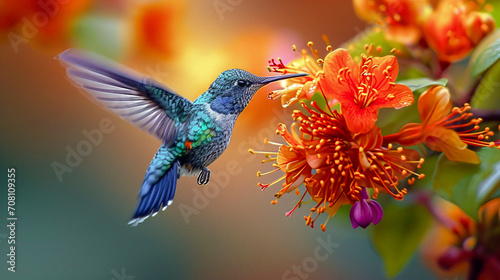  Hummingbird on a Flower Nectar Nature Wallpaper Background Poster Illustration Digital Art Cover Card