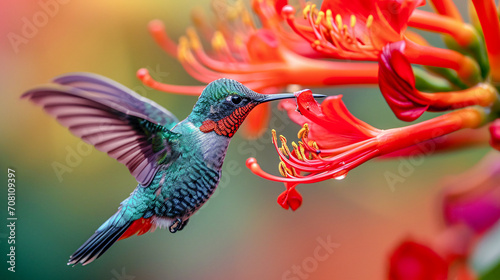  Hummingbird on a Flower Nectar Nature Wallpaper Background Poster Illustration Digital Art Cover Card