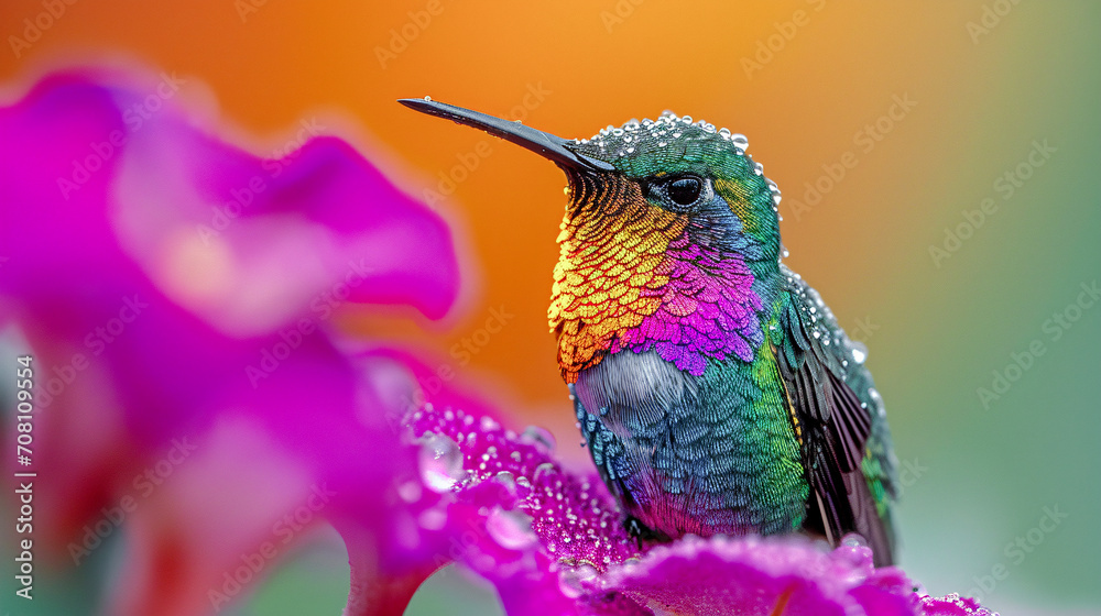 Fototapeta premium Hummingbird on a Flower Nectar Nature Wallpaper Background Poster Illustration Digital Art Cover Card