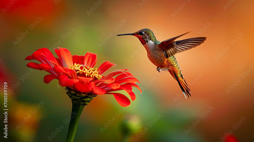 Naklejka premium Hummingbird on a Flower Nectar Nature Wallpaper Background Poster Illustration Digital Art Cover Card
