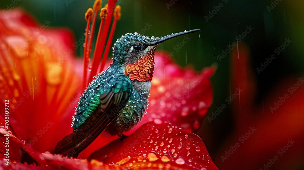 Obraz premium Hummingbird on a Flower Nectar Nature Wallpaper Background Poster Illustration Digital Art Cover Card