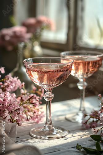 Two crystal vintage-style glasses with sparkling rose wine on a rystic table. Image for a wedding planner's portfolio, event invitations. Poster, with copy space for Valentine's Day photo