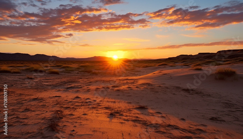 Sunset over sand dunes, nature beauty in landscape generated by AI
