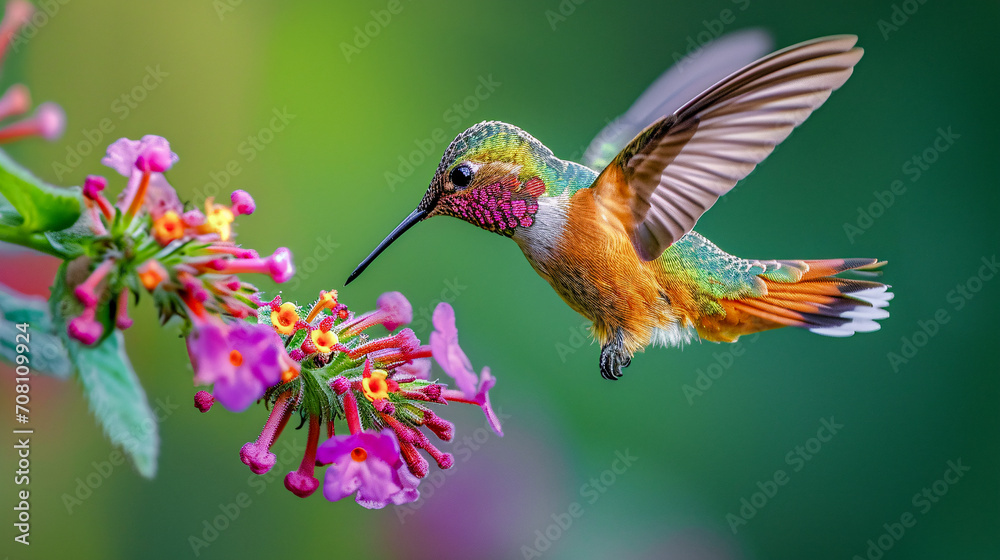 Fototapeta premium Hummingbird on a Flower Nectar Nature Wallpaper Background Poster Illustration Digital Art Cover Card