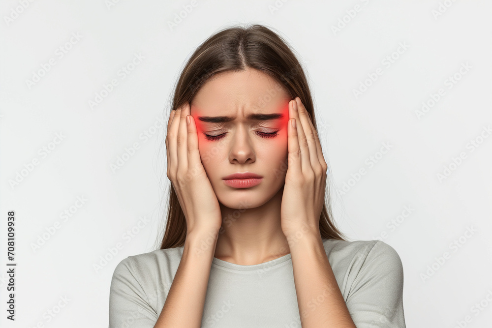Woman with migraine holding her head and experiencing pain on white background Woman with migraine holding her head and experiencing pain on white background