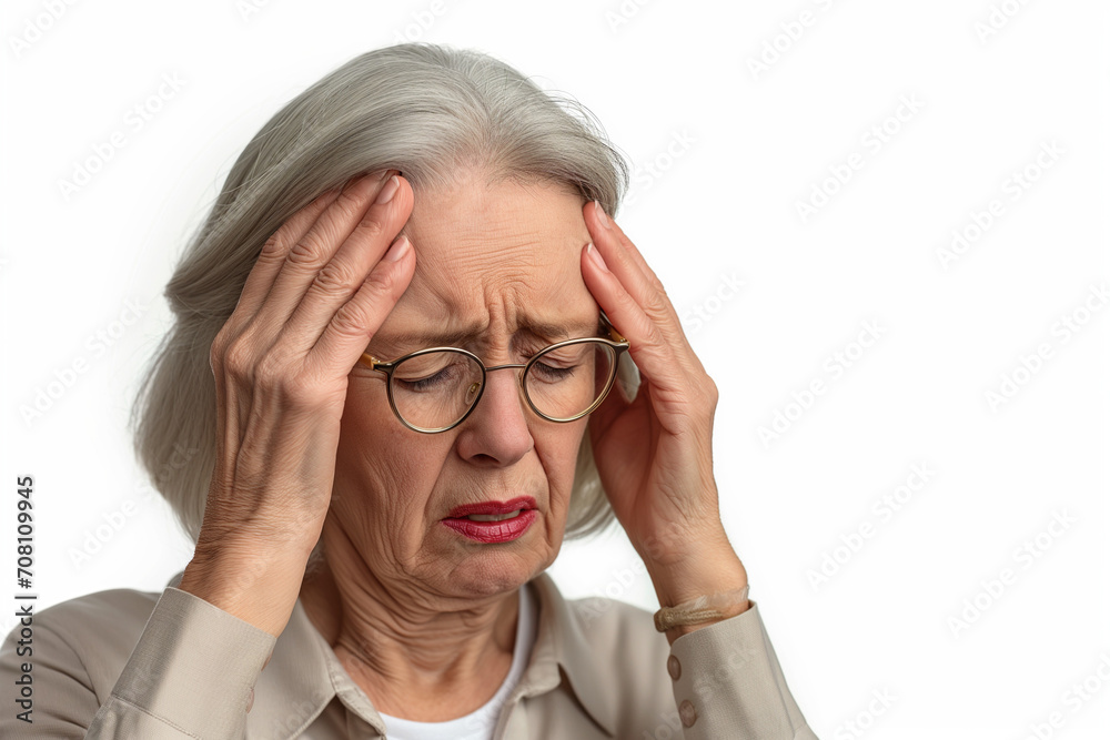Elderly woman with migraine holding her head and experiencing pain on white background Elderly woman with migraine holding her head and experiencing pain on white background