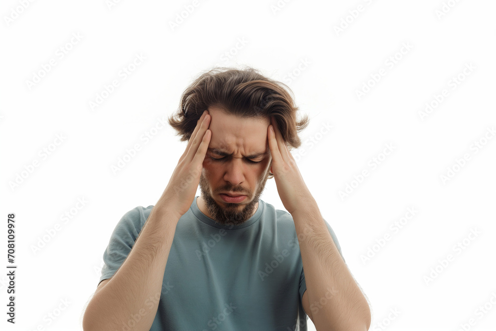 Fototapeta premium Man with migraine holding her head and experiencing pain on white background